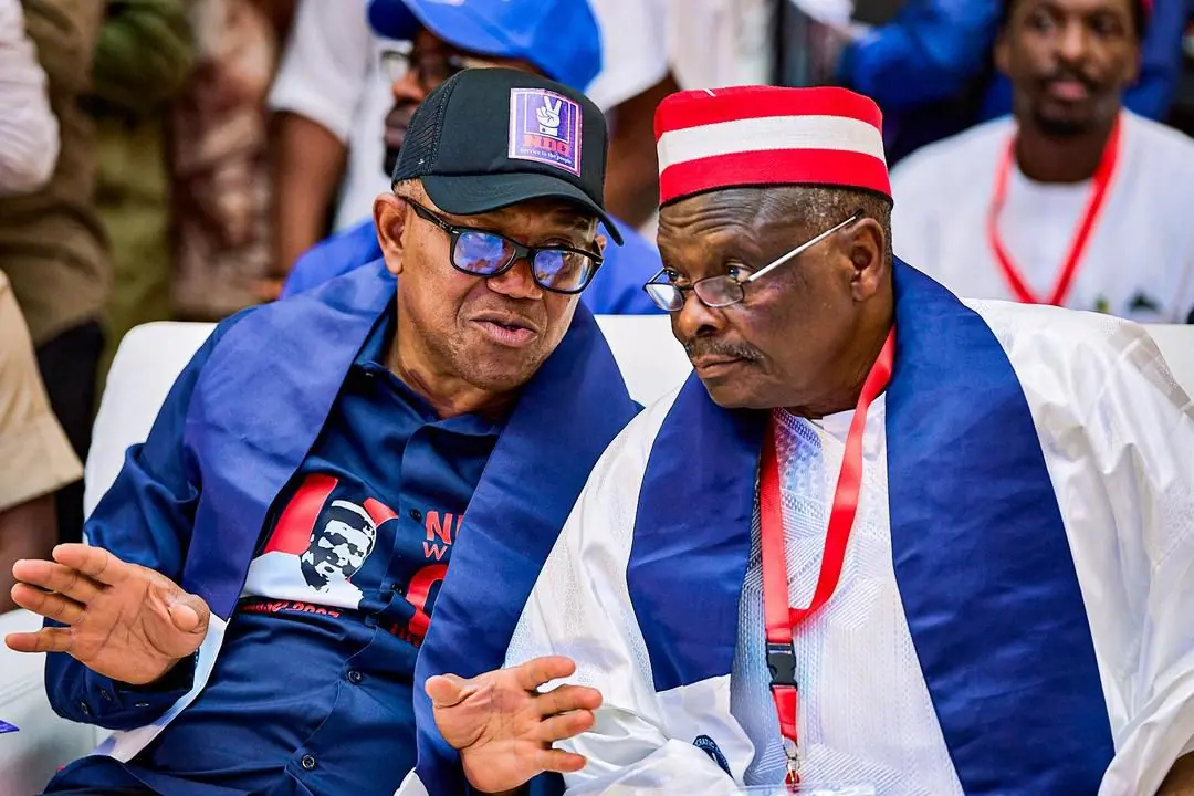 Peter Obi and Rabiu Kwankwaso seated side by side in conversation, both in Nigeria Democratic Congress colours