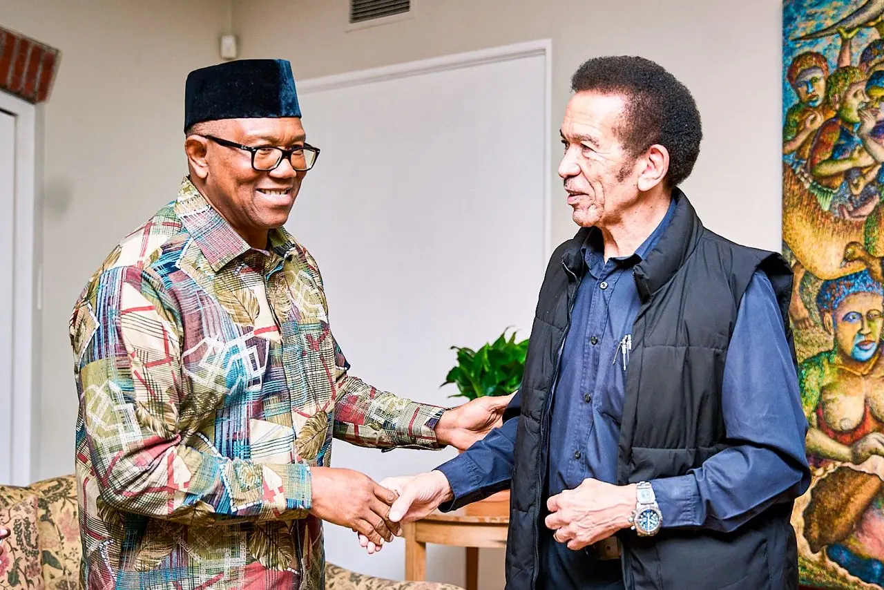 Peter Obi shaking hands with an older man in a gallery hung with carved panels