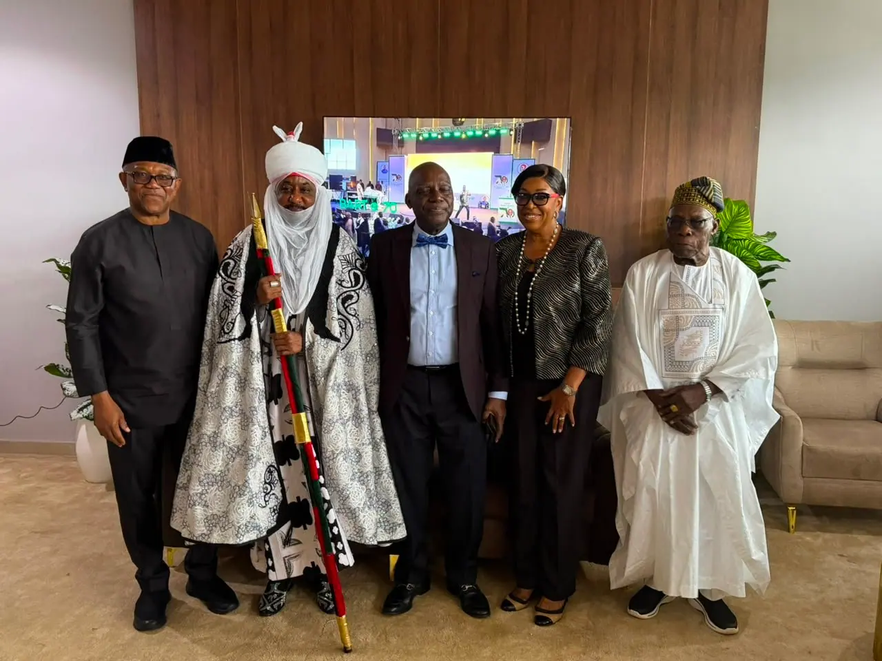 Peter Obi standing with the Emir of Kano in ceremonial dress, Professor Barth Nnaji, Mrs Agatha Nnaji and former President Olusegun Obasanjo