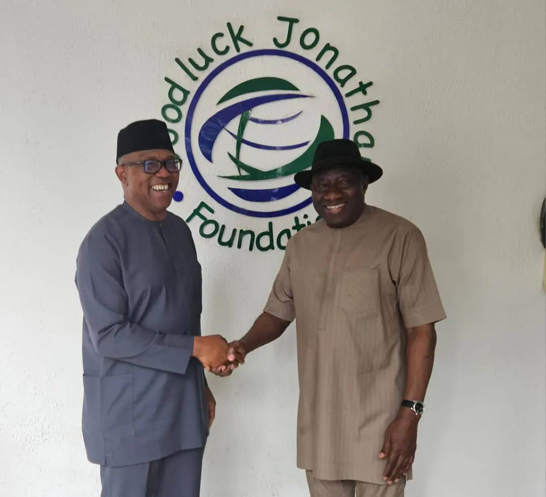 Peter Obi shaking hands with Goodluck Jonathan in front of a Goodluck Jonathan Foundation sign