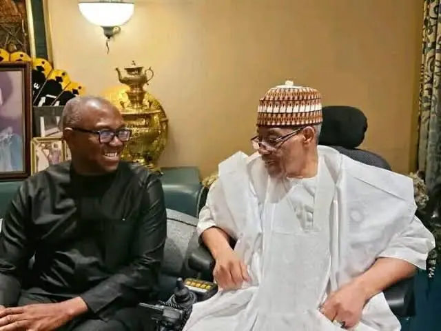 Peter Obi seated in conversation with former President Ibrahim Babangida