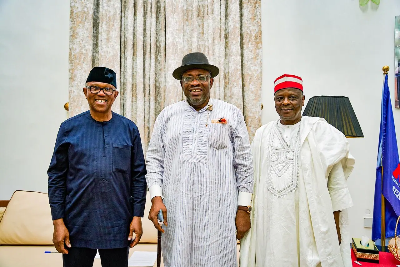 Peter Obi standing for a formal photograph with Senator Seriake Dickson and Rabiu Musa Kwankwaso